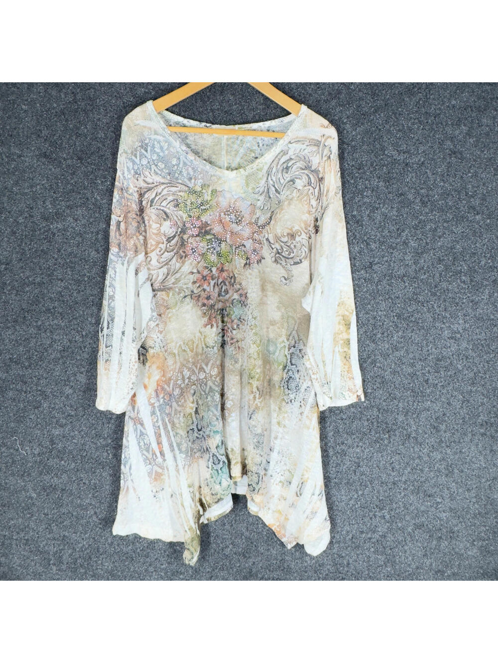 Studio Gem Dress Women 2XL Gray Floral Shift Short Long Sleeve Round Neck